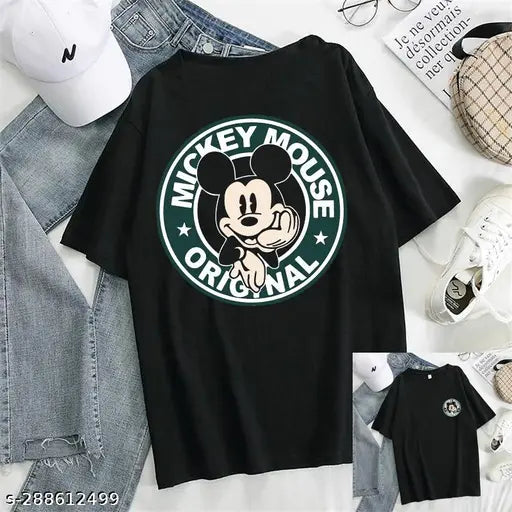 Women's Stylish Micky Mouse Back Print Black Oversized Black T-shirt for Boys and Men (Pack of 1)