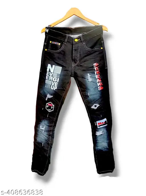 Men's distressed denim jeans with patches