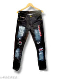 Men's distressed denim jeans with patches