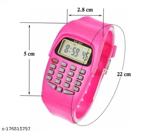 Pink digital watch with calculator function, measuring 2.8cm in diameter and 5.6cm wide