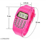 Pink digital watch with calculator function, measuring 2.8cm in diameter and 5.6cm wide