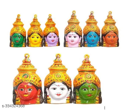 Aluminum 75 inch Nava Durga Faces Set (9 pcs), intricately detailed God idol set on display