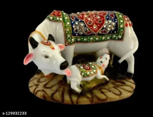 Marble Poly Resin Cow and Calf Statue, Kamdhenu Gaay Maata & Calves, Indian handicraft decorative figurine for home showpiece, 10cm x 12cm x 10cm