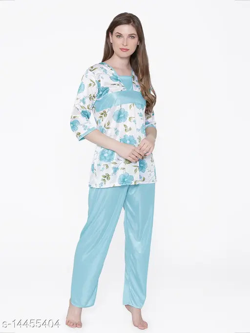 Floral print satin nightsuit set, luxurious comfort free size women's sleepwear in satin