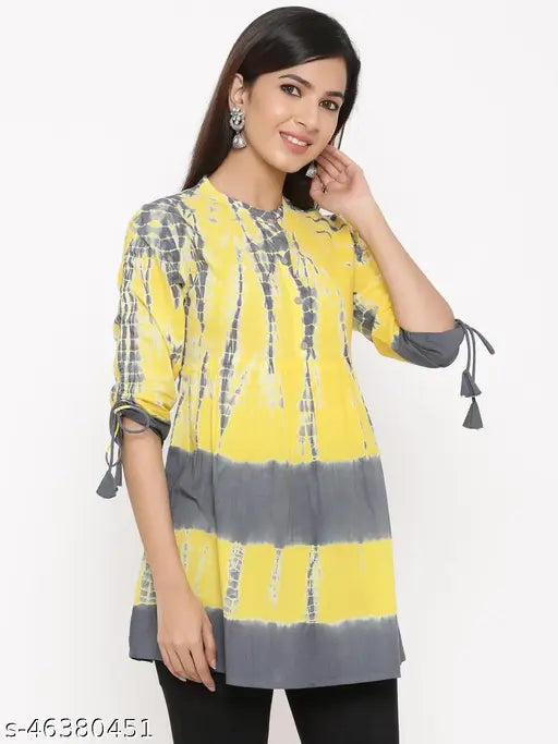 Yellow & grey tie dye printed 60's cambric tunic with sleeves by Kipek - Indian ethnic wear in soft colors
