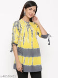 Yellow & grey tie dye printed 60's cambric tunic with sleeves by Kipek - Indian ethnic wear in soft colors