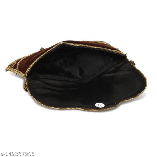 Handcrafted embroidery clutch, women's black leather with gold detailing