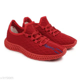 Red shoe with laces and white soles, patterned upper, suitable for kids
