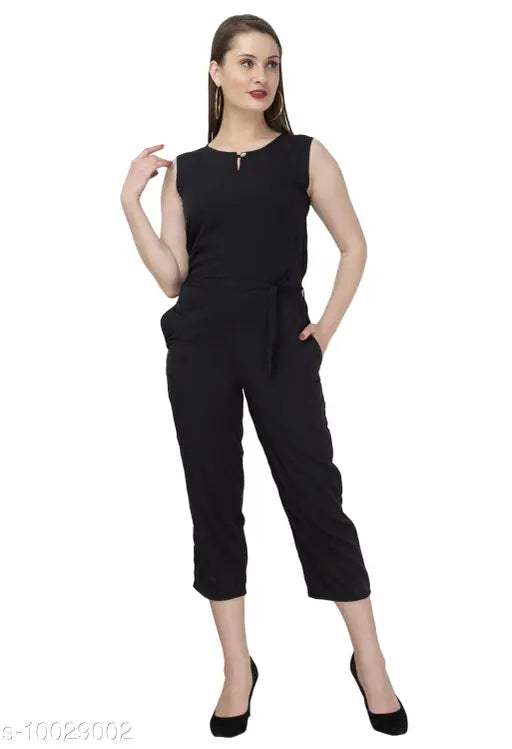 Classy feminine poly crepe dungaree jumpsuit, solid net design - women's fashion in various sizes S-XL