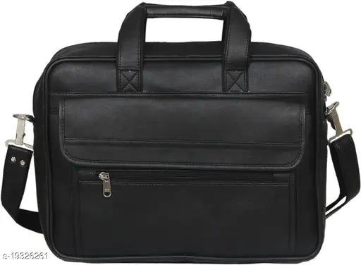 The image displays a black leather messenger bag for men. It features two straps, adjustable buckles, and an external pocket on the front