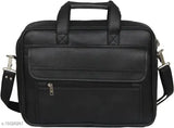 The image displays a black leather messenger bag for men. It features two straps, adjustable buckles, and an external pocket on the front