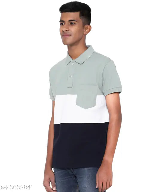 Classy cotton blend colorblocked short-sleeve men's t-shirt, fashionable polo neck with pocket