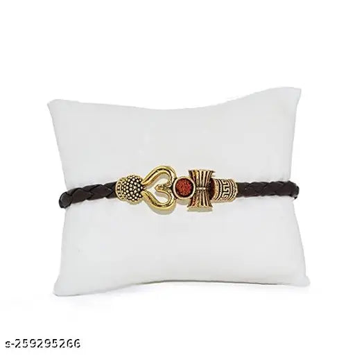 Handcrafted brass Adi Shankara spiritual one-sided Trishul Damru OM Rudraksha beads silver plated Mahakal Shiva leather belt bracelet, brown dyed rope accessory for men/women