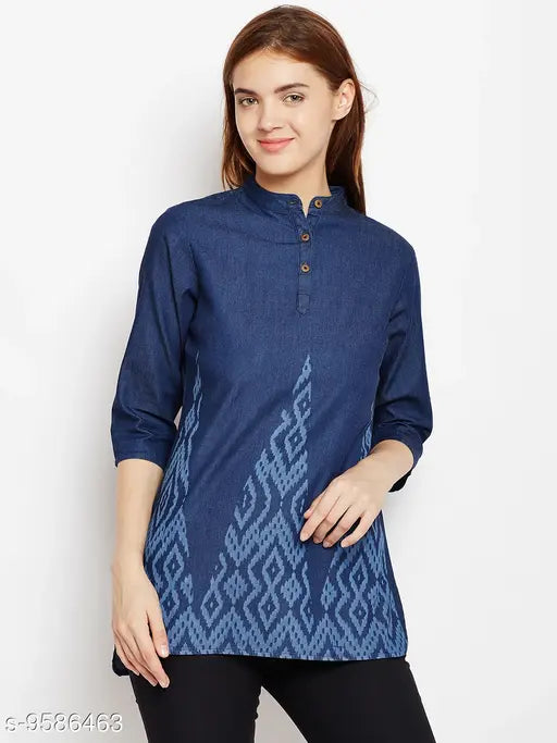 Navy blue laser printed denim tunic, three-quarter sleeves, stylish women's wear from Avyanna on display