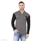 Grey colorblocked cotton blend long sleeves mandarin t-shirt on hanger