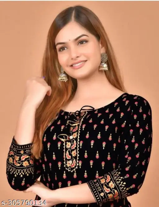 Rayon printed kurti for women, three-quarter sleeves, vibrant Indian print, S-XXXL sizes