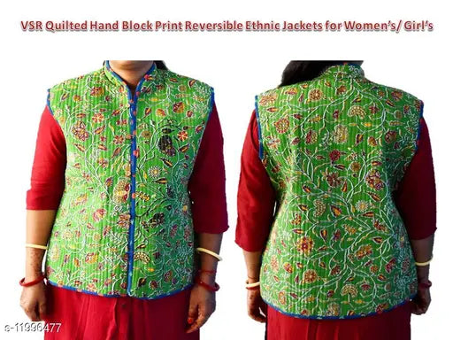 Blue cotton sleeveless VSR hand block printed ethnic reversible floral jacket, traditional Indian craftsmanship showcased