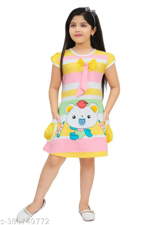 Trendy cotton blend, knee length, bow tieups dress with a yellow bow on front, for kids and girls