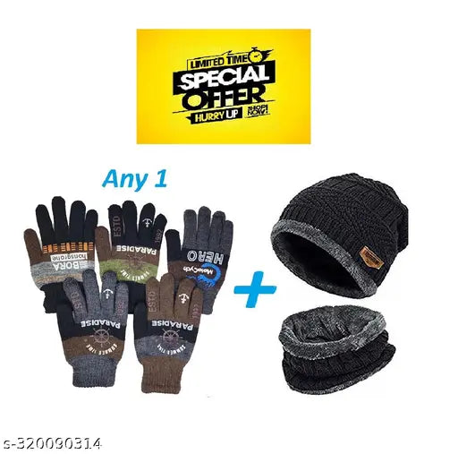 Wool beanie cap with neck warmer & fur gloves - One size fits most, warm knit hat & loop scarf set for outdoors & indoor activities