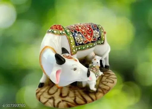 Multicolor marble dust/polyresin cow and calf big statue for home decor, intricately detailed with precious stones