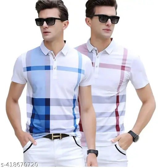 Cotton blend striped polo neck half sleeve t-shirts (2 pack), neutral colors, comfortable short sleeves, high-quality, breathable, versatile, layering options, casual wear or dressier occasions, relaxed fit, mix & match, affordable, Indian origin