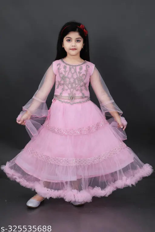 Stylish acrylic sea pink kid lehenga choli with long sleeves, embroidered top and self-design net dupatta, ideal for girls' festive wear (5-12 years) from India