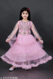 Stylish acrylic sea pink kid lehenga choli with long sleeves, embroidered top and self-design net dupatta, ideal for girls' festive wear (5-12 years) from India