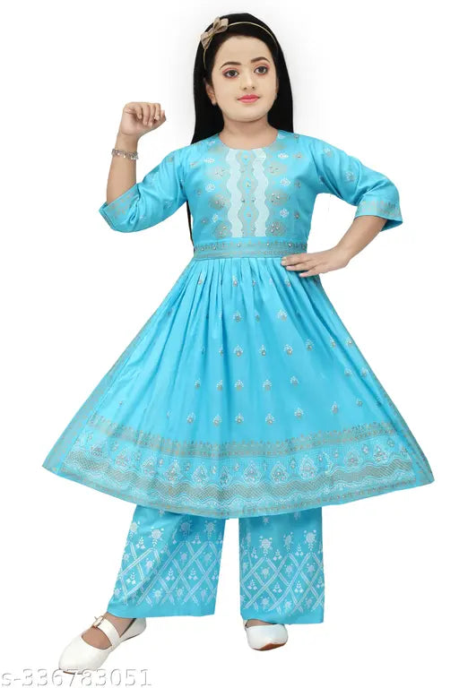 Aqua Blue Printed Rayon Kid's Naira Cut Anarkali Kurta Set with Palazzo bottoms, embellished sleeves, and vibrant embroidery