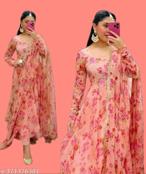 Peach satin dupatta set for women