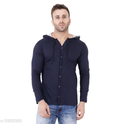 Blue cotton blend long sleeve hood t-shirt, solid design on clothing rack