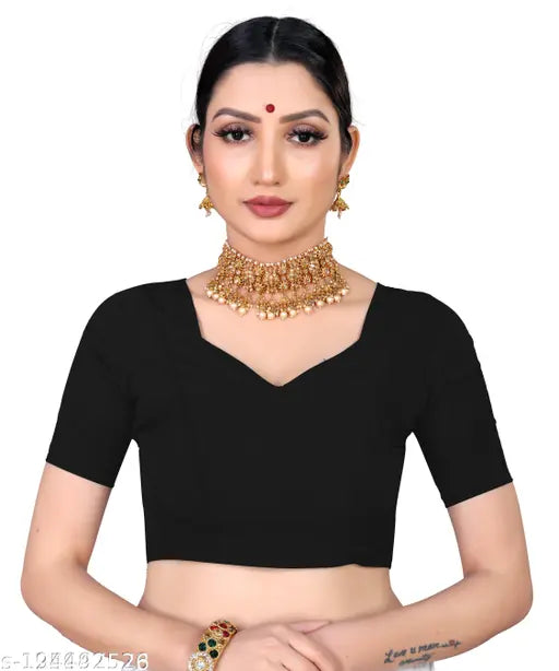 Dark blue blouse with a round neckline and short sleeves