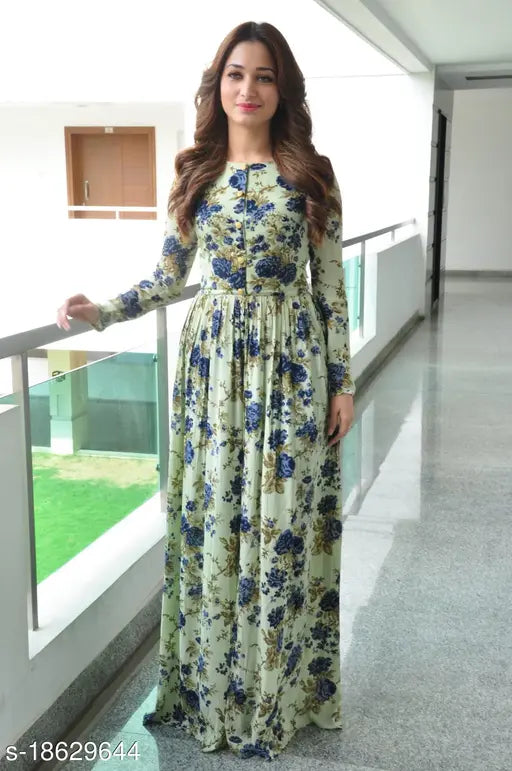 Green floral print rayon A-line kurti for women, long sleeve style