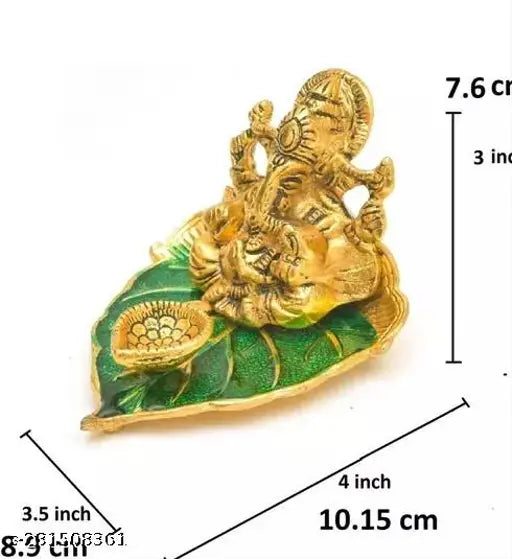 Golden Meena leaf Minakari Ganesh Idol, intricate metal art from India, 4cm x 8cm x 10cm