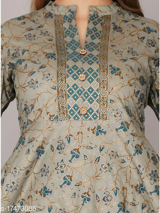 Women's printed Rayon flared Kurta with three-quarter sleeves, vibrant Indian pattern for women's fashion. S (Bust 36in, Length 50in), M (Bust 38in, Length 50in), L (Bust 40in, Length 50in), XL (Bust 42in, Length 50in), XXL, 4XL, 5XL. Indian-made printed rayon Kurta on hanger
