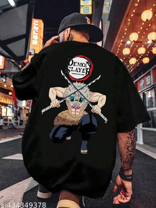 Black cotton blend Men Inosuke Swordsman printed T-shirt, short sleeves, oversized fit