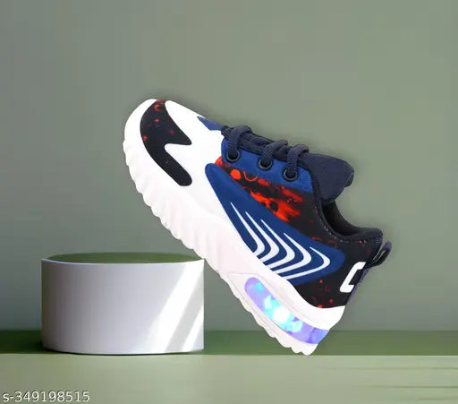 Lightweight black and red casual kids LED sneakers with Velcro straps, suitable for outdoor sports
