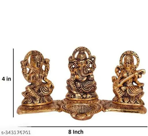 Metal Laxmi Ganesha Sarawati Choki with Diya, Vastu-compliant home temple decor, size 18x10x10 cm, Indian origin