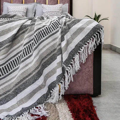 Breathable soft cotton throw, 150cm x 125cm / 60 x 50 inch, striped pattern, multipurpose, tassels, 100% cotton, compact size, ideal for sofa, bed, couch, work from home, travel. Indian-made