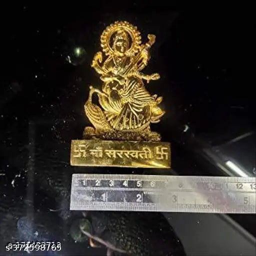 Metal Saraswati idol, 7cm tall from Haridwar, perfect for home and office puja temples