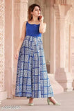 White rayon Anarkali kurta with blue print, three-quarter sleeves, Indian traditional outfit for women