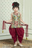Art Silk kids printed dhoti kurta and dupatta, traditional Indian attire for boys with straight shape and above knee length. Available in sizes: 2-3 Years, 3-4 Years, 4-5 Years, 5-6 Years, 6-7 Years, 7-8 Years, 8-9 Years, 9-10 Years. Made in India