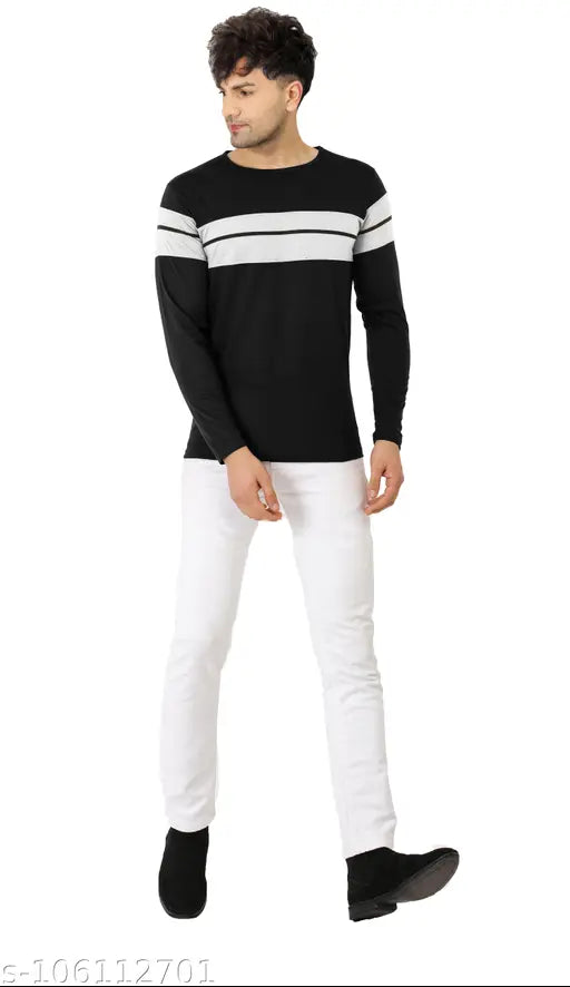 Striped cotton blend full sleeve round neck men's t-shirt, available in multiple sizes