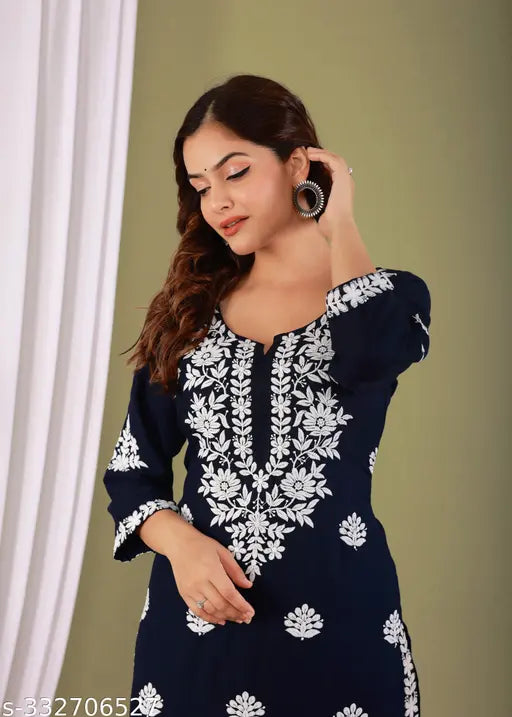 Rayon Chikankari riyon kurta pant set, printed net with three-quarter sleeves, Indian traditional clothing on mannequin