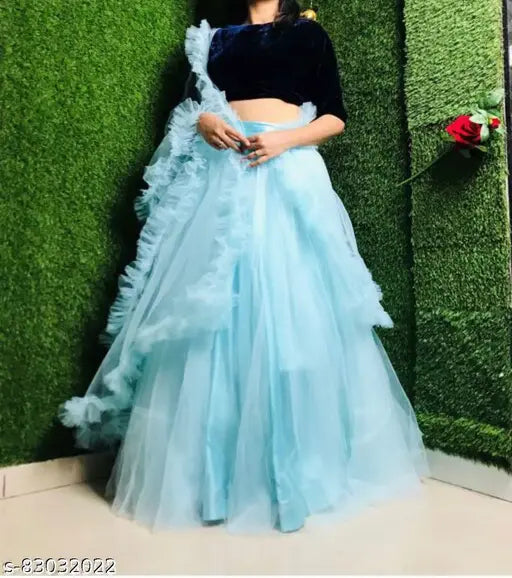Navy blue velvet lehenga choli with sky dupatta, free size, Indian designer wedding wear