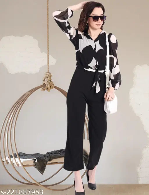 Printed georgette jumpsuit for women and girls, long sleeves, colorful pattern, versatile fit from India