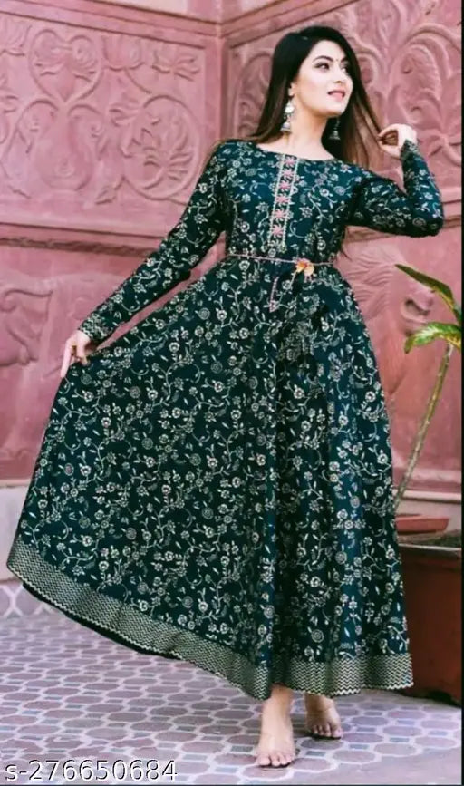 Green velvet ankle-length kurta with full flair