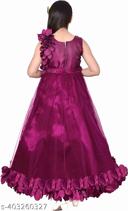 Purple net ethnic girls gown, embellished sleeveless dress for birthday or party events, Indian-made trendy frock for 8-12 year olds