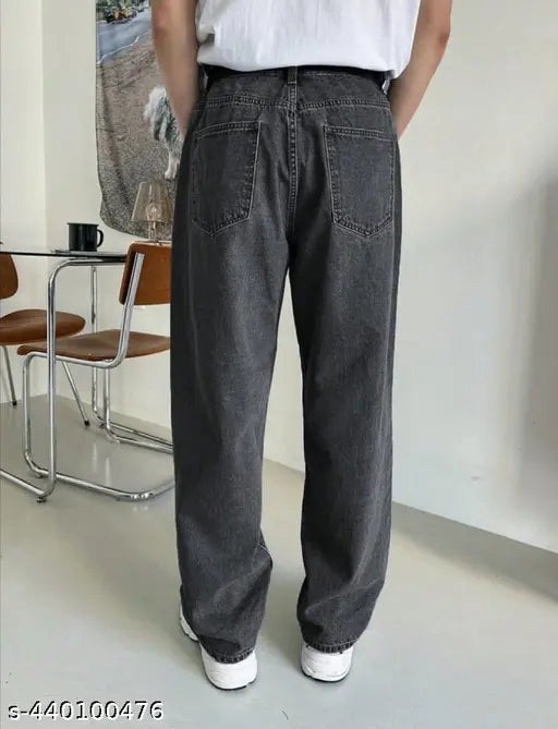 Dark wash denim pants, relaxed fit, front pocket, belt loops