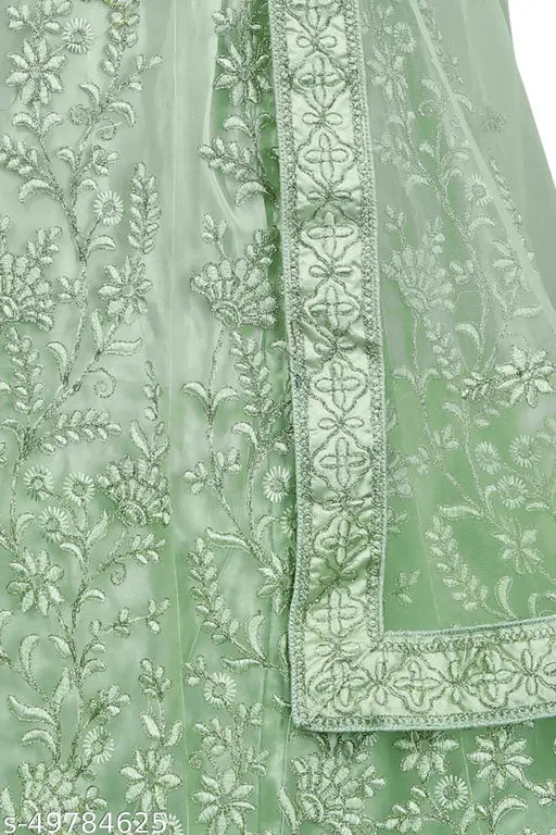Embroidered net lehenga-choli set, Indian wedding wear with zari work and glitter, semi-stitched (Lehenga waist: 42in, Lehenga length: 42in, Duppatta length: 2.25in)