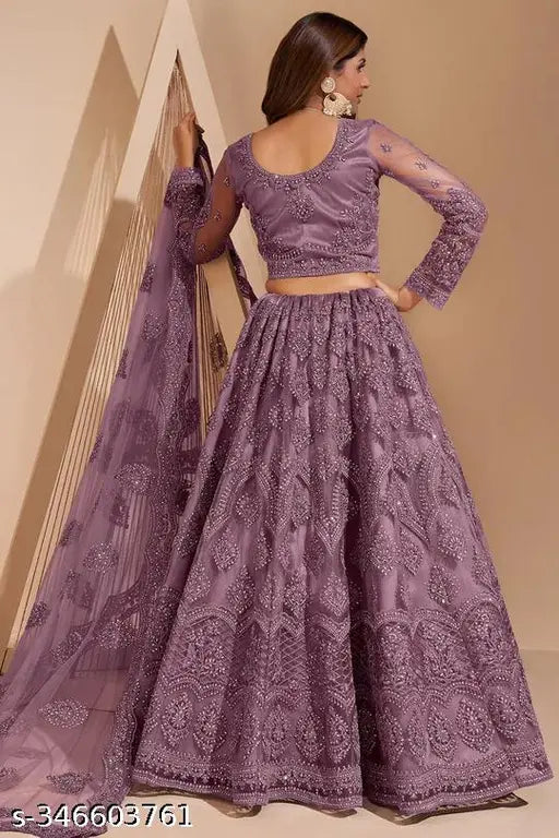 Embroidered semi-stitched net lehenga choli for women & girls, vibrant embroidery on traditional Indian attire